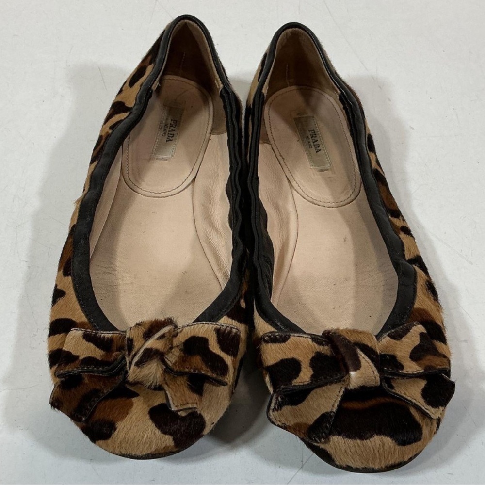 Women’s Prada Leopard Calf Hair Print Bow Ballet Flats Size 38